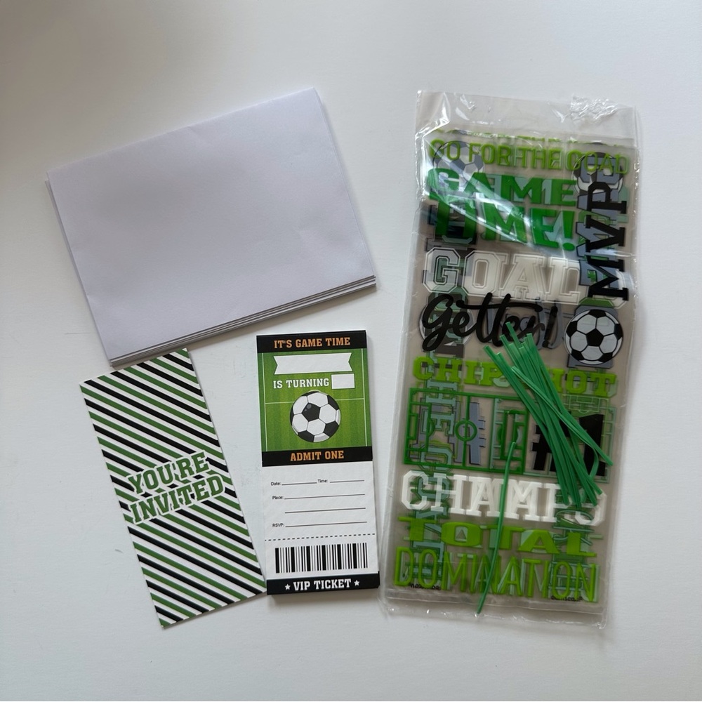 12 soccer birthday invitations and 12 soccer theme treat bags with ties